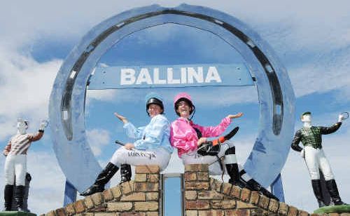 Local jockeys Lorna Cook and Emily Kehoe near the Ballina Jockey Club finishing horseshoe and line. Local jockeys Lorna Cook and Emily Kehoe near the Ballina Jockey Club finishing horseshoe and line.